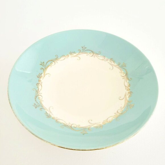 Lifetime China Homer Laughlin Soup Bowl Gold Crown Aqua Boarder Gold Scrolls MCM - Picture 12 of 13